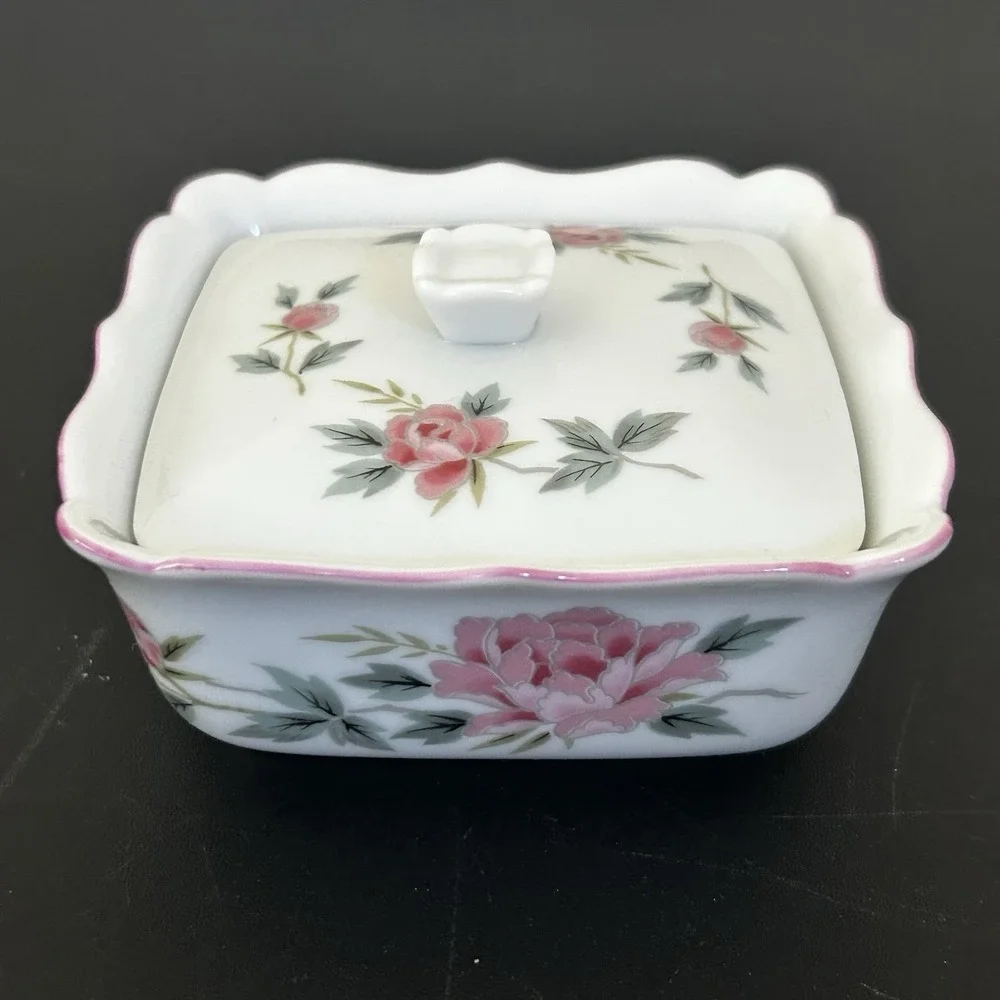 Vintage Andy Panda Japan Pink Rose Floral Porcelain Square Lidded Trinket Box